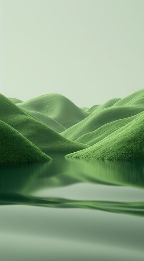 a green lake with hills surrounding it, in the style of futuristic chromatic waves, zen buddhism influence, surreal 3d landscapes, soft and rounded forms, smooth and shiny, streamlined design, nature-inspired imagery --v 6  --stylize 250 Surreal 3d Landscape, Zen Design Graphic, Dreamcore Landscape, Pastel Nature Aesthetic, Natural Moodboard, Green In Nature, Futuristic Nature, Futuristic Photography, Futuristic Landscape