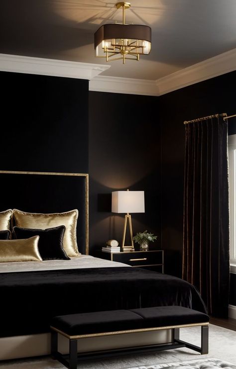 Beauty Of Darkness, Interior Design Luxury Modern, Dark Bedroom Ideas, Modern Glam Decor, Small Patio Decor, Black Nightstand, Sophisticated Bedroom, Gold Bed, Dark Bedroom