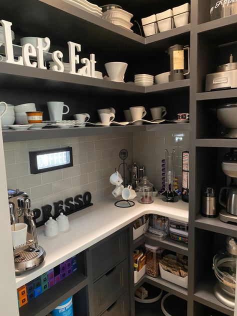 Coffee Pantry Bar, Small Pantry With Coffee Station, Coffee Station Inside Pantry, Coffee Station In Pantry Closet, Bar In Pantry Closet, Pantry Design With Coffee Bar, Walk In Pantry Coffee Bar, Small Pantry Coffee Bar, Pantry Turned Coffee Bar