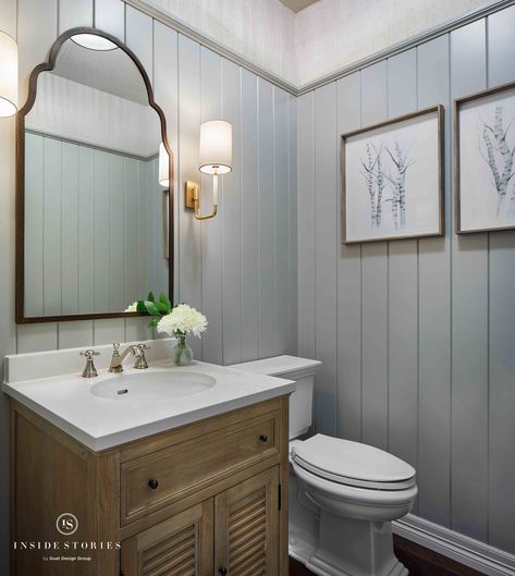 Stratford, Powder Bathroom; modern farmhouse powder bathroom with vertical shiplap #insidestories #interiordesign #powderbathroom #powderbath Beadboard Powder Room, Vertical Shiplap Bathroom, Clawfoot Tub Ideas, Bathroom With Wallpaper, Shiplap Bathroom Wall, Farmhouse Powder Room, Vertical Shiplap, Clawfoot Tubs, Shiplap Bathroom