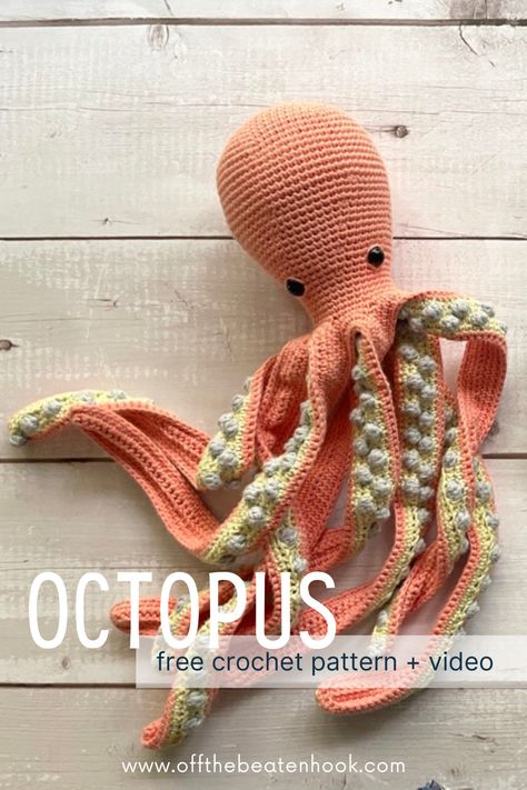 Charming and adorable, this free crochet octopus pattern comes with a full video tutorial to help you along the way! Ingrid will make the perfect gift for your little one or someone you love. Get the free amigurumi octopus pattern + video tutorial here! Crochet Flat Turtle Pattern Free, Clownfish Crochet Pattern Free, Amigurumi Octopus Pattern, Crochet Octopus Free Pattern Amigurumi, How To Crochet An Octopus, Crochet Octopus Tentacles, Crocheted Octopus Pattern Free, Crochet Pattern For Octopus, Giant Octopus Crochet Pattern Free