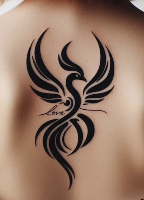 Behind The Ear Phoenix Tattoo, Womens Trible Tattoos, Phonex Tattoo Woman, Phoenix Tattoo Back Women, Phenix Birds Tattoo For Women, Tamil Tattoo Design For Women, Infinity Tattoo Designs For Women, Phoenix Back Tattoo Women, Phoenix Spine Tattoo