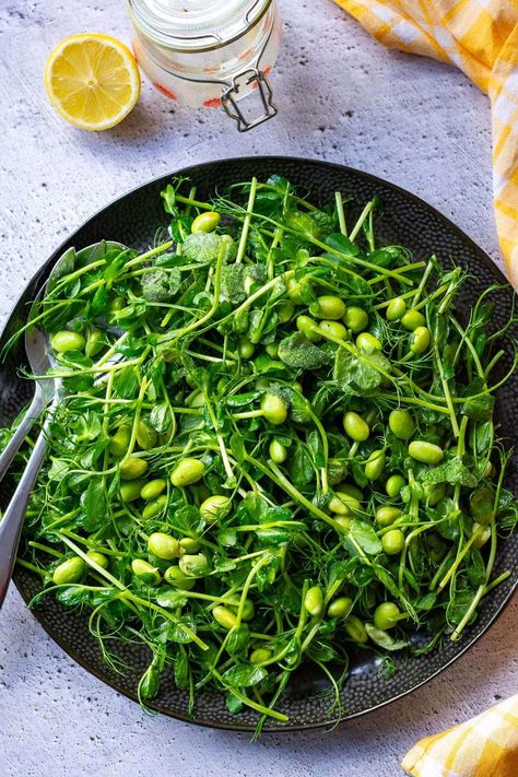 Pea Shoot Salad Recipe With Lemon Dressing | Somebody Feed Seb Pea Shoot Salad, Spring Pea Salad, Salad With Lemon Dressing, Recipe With Lemon, Pea Shoots, Micro Garden, Savory Recipe, Side Salad Recipes, Salad With Lemon