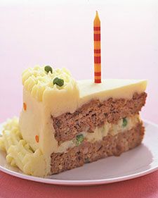 Birthday Meatloaf "Cake" - Martha Stewart Recipes. Perfect for the non-cake eater like me! I'm sure a meatless version would be just as yummy (hint hint). Meatloaf Cake, Martha Stewart Recipes, Round Cake Pans, Meatloaf Recipes, Birthday Dinners, Food Cakes, Meatloaf, Martha Stewart, Mashed Potatoes