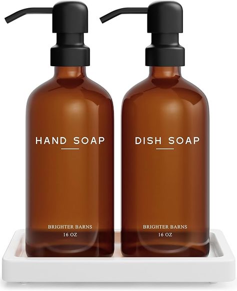 Amazon.com: Amber Glass Hand and Dish Soap Dispenser Set by Brighter Barns - Kitchen Soap Dispenser Set with Tray - Farmhouse Soap Dispenser for Kitchen Sink - Modern Kitchen Decor, Bathroom Accessories (Amber) : Home & Kitchen Farmhouse Soap Dispenser, Hand And Dish Soap Dispenser, Soap Dispenser Set, Modern Kitchen Sinks, Modern Kitchen Decor, Barn Kitchen, Glass Soap Dispenser, Glass Dispenser, Dish Soap Dispenser