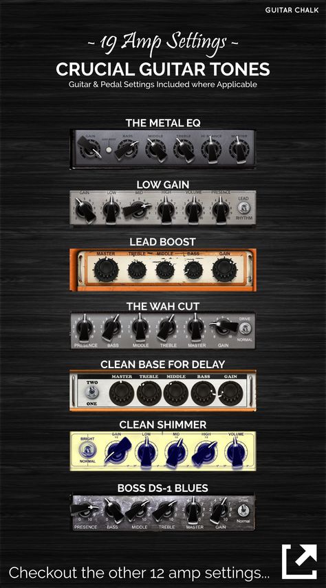 19 Guitar Amp Settings Diagrams with Pedal and Guitar Dials included, https://www.guitarchalk.com/guitar-amp-settings-guide/ #Guitar Guitar Amp Settings, Types Of Guitars, Amp Settings, Music Mixing, Music Theory Guitar, Guitar Tech, Guitar Rig, Guitar Chord Chart, Guitar Amps