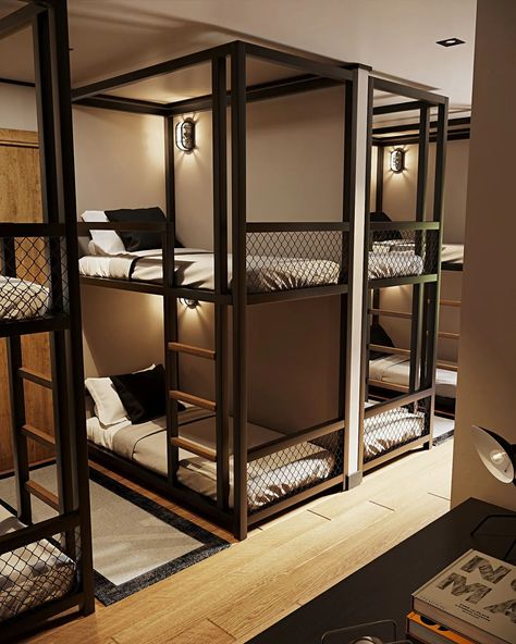 The bunk room in the barndominium, #mancave #mancavedecor Luxury Hostel Bunk Bed, 3 Bed One Room, Bunk Room For Adults, 6 Beds In One Room, Cabin Bunk Room Ideas, Dormitory Room Design, Bunk Bed Rooms For Kids, Diy Triple Bunk Beds, Modern Bunk Room