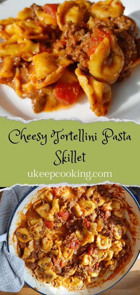 This Cheesy Tortellini Pasta Skillet recipe is one of our favorite one-pot meals. Savory ground beef, creamy melted cheese, fragrant garlic, onions, and tomatoes all come together in a one-skillet meal that is sure to please everyone in the family. Pasta Tomato Soup, Beef Tortellini, Cheese Tortellini Recipes, Cheesy Tortellini, Christmas Side Dish Recipes, Lemon Garlic Shrimp Pasta, Onions And Tomatoes, Pasta Skillet, Skillet Pasta