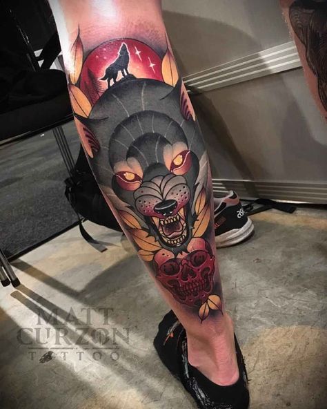 calf tattoo wolf neo-traditional style Neo Traditional Wolf Tattoo, Neotraditional Wolf Tattoo, Fenrir Tattoo, Small Wolf Tattoo, Tattoo Wolf, Neo Tattoo, Wolf Tattoo Sleeve, Wolf Tattoo Design, Japanese Sleeve Tattoos