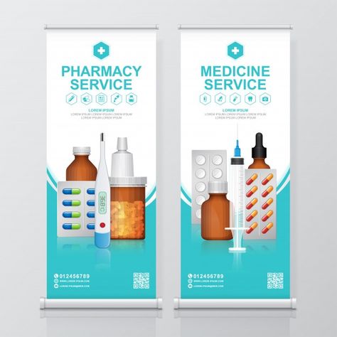 Healthcare and medical bottles set medic... | Premium Vector #Freepik #vector #business #heart #technology #templates Pharmacy Banner Design, Rollup Banner Design, Medical Brochure, Standee Design, Pharmacy Medicine, Roll Up Design, Creative Banners, Rollup Banner, Pharmacy Design