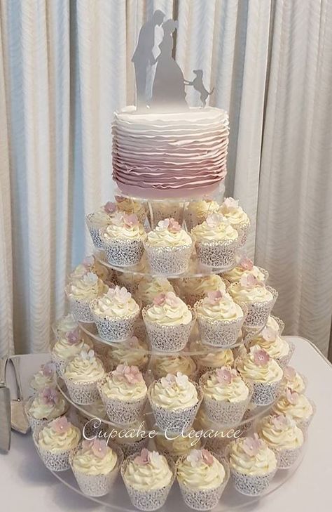 Wedding Elegant Cake, Wedding Cakes And Cupcakes, Cupcake Tower Cake, Wedding Cupcake Display, Cupcake Towers, Cupcake Tier, Cupcake Tower Wedding, Elegant Cake, Cake And Cupcakes