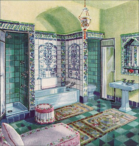 1931 Crane Bathroom–Vintage MediterraneanExotic Mediterranean style with lots of tile. This blue and chartreuse is a wonderful color scheme. Published in American Home magazine. | Rikki Nyman via flickr #nosubwaytile French Tiles, Vintage Mediterranean, Art Deco Bathrooms, Bathroom Vintage, Deco Bathroom, Retro Bathrooms, Regal Design, Casa Vintage, Vintage Bath