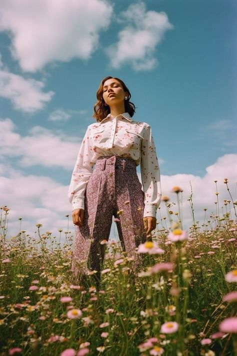 Garden Shoot Photography, Garden Portrait Photography, Garden Photoshoot Ideas, Garden Character, Prairie Fashion, Banquet Outfit, Standing In A Field, Farm Fashion, Creative Fashion Photography