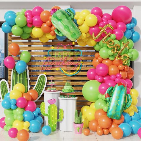 PRICES MAY VARY. 【What You Will Get】:31pcs hot pink balloons,20pcs orange balloons,30pcs yellow balloons,31pcs green balloons,20pcs blue balloons,2pcs cactus foil balloons,1pcs fiesta foil balloons,1pcs balloon arch strip tape,1 roll of 100 dot glue. 【Premium Materials】:Our cactus birthday party balloons are made of natural latex, non-toxic. All materials are of high quality and good safety. Please be careful not to overinflate the balloons,or they will be pop and burst easily. 【Wide Application Fiesta Balloon Arch, Mexican Fiesta Party Decorations, Giant Cactus, Cactus Balloon, Tropical Party Decorations, Mexican Fiesta Party, Fiesta Birthday Party, Fiesta Party Decorations, Fiesta Theme Party