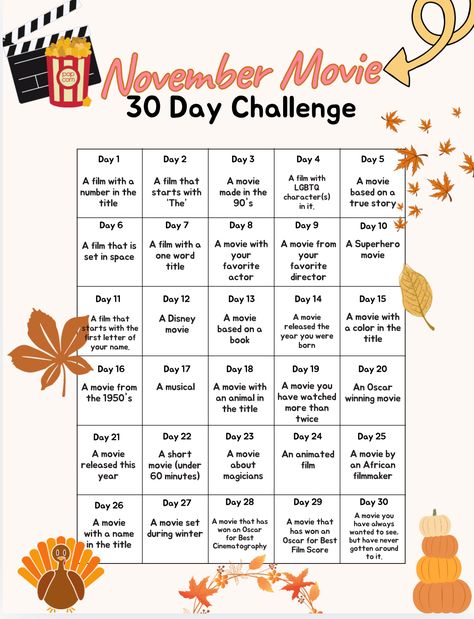 30 Day Movie Challenge, Thanksgiving Movie, Movie Challenge, Challenge Template, Space Movies, Movie Ideas, Good Movies To Watch, 30 Day Challenge, True Stories