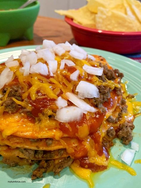 Red Stacked enchiladas Chihuahua style - My Turn for Us Mexico Food Recipes, Enchiladas Rojas Recipe, Stacked Enchiladas, Enchiladas Rojas, Mexican Enchiladas, Red Enchiladas, Chile Guajillo, Mexico Food, Chihuahua Mexico