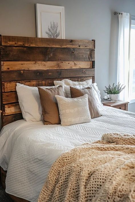 "Elevate your sleep space with a DIY Pallet Wood Headboard! 🛠️🛏️ Perfect for adding a rustic, handmade touch to your bedroom decor. 🌟✨ #PalletProjects #RusticBedroom #DIYHomeProjects" Pine Headboard Diy, Wooden Headboard Diy, Diy Headboard Ideas Easy Cheap, Bunkhouse Remodel, Pallet Wood Headboard Diy, Diy Headboard Ideas Easy, Handmade Headboard, Rustic Headboard Diy, Herringbone Headboard