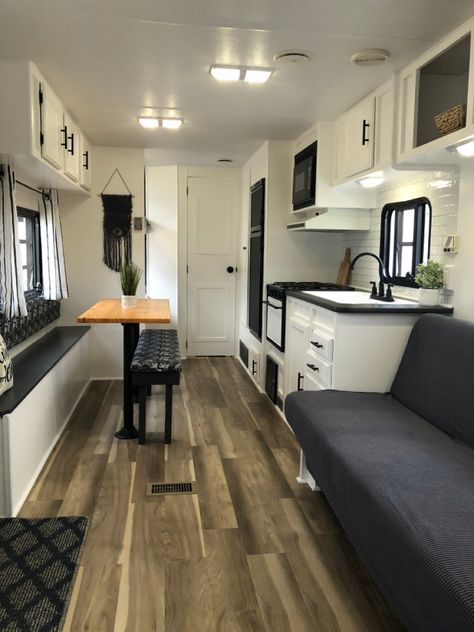 Rv Dinette Remodel Before And After, Grey Rv Interior Color Schemes, Camper Renovation Dining Area, Rv Remodel Black Cabinets, Rv Remodel Grey Cabinets, Removing Dinette In Camper, Camper Organization Travel Trailers, Vintage Trailer Remodel, Rv Interior Remodel