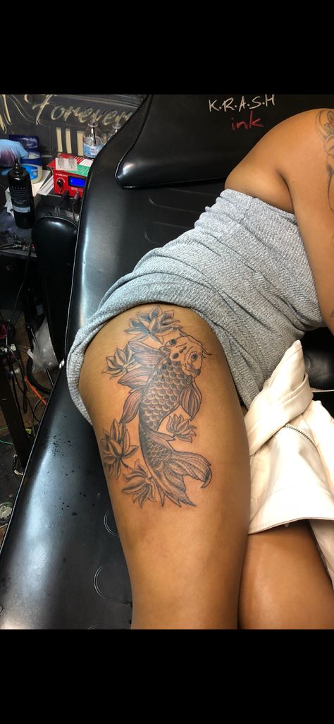 Koi fish Coy Fish Tattoo Colorful, Back Tattoo Women Spine Koi Fish, Coi Fish Thigh Tattoos Black Women, Koi Fish Leg Tattoo Women, Koi Fish Thigh Tattoo Women, Coi Fish Back Tattoo Black Women, Coi Fish Tattoo Black Women, Koi Fish Tattoo Black Women, Koi Fish Back Tattoo For Women