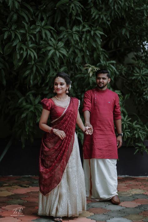 Kerala traditional engagement Kerala Engagement Couple Dress, Indian Engagement Outfit Couple, Engagement Saree Kerala, Kerala Traditional Engagement Dress, Kerala Engagement Dress Hindus, Hindu Engagement Dress Kerala, Kerala Engagement Dress Hindus Couple, Engement Dress Indian Couple, Engement Dress Indian