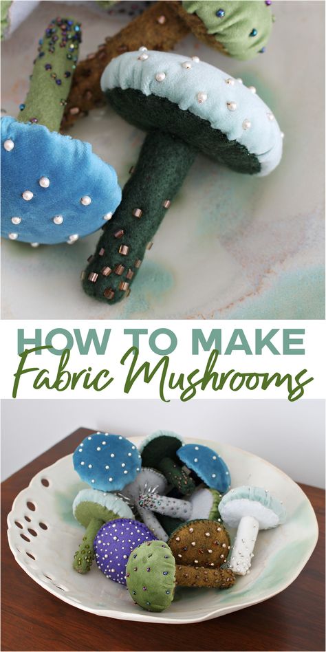 How To Sew Fabric Mushrooms, How To Sew Mushrooms, How To Make Velvet Mushrooms, Scrap Felt Ideas, Fabric Mushroom Ornaments, Diy Velvet Mushroom Ornaments, How To Make A Felt Mushroom, Mushroom Crafts Diy How To Make, Stuffed Sewing Projects