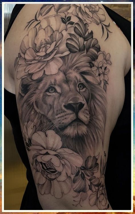 Lion And Poppy Tattoo, Lion With Flowers Tattoo For Women, Lion And Flowers Tattoo Design, Lion With Flower Tattoo, Lion And Flower Tattoo, Lion Flower Tattoo Design, Men Lion Tattoo, Lion Floral Tattoo, Lion Flower Tattoo