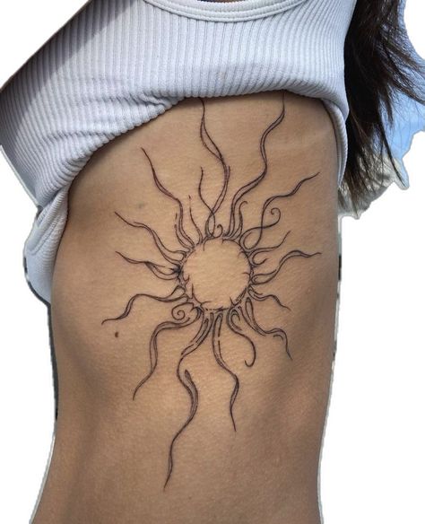 Sun Tattoo On Stomach, Earthy Tattoos Black Women, Earthy Thigh Tattoos, Unique Stomach Tattoos, Center Of Chest Tattoo Female, Sun Tattoo On Hip, Boho Tattoo Ideas Hippie Bohemian, Sun Rib Tattoo, River Tattoo For Women