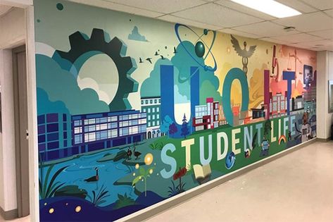 Student Life has proudly unveiled a new mural, a huge nine-by-three-metre, colourful creation designed to represent the diversity of the university’s programs and students. School Wall Art Ideas, College Wall Art, Doodle Wall, Office Mural, Mural Art Design, College Walls, School Wall Art, School Murals, Campus Life