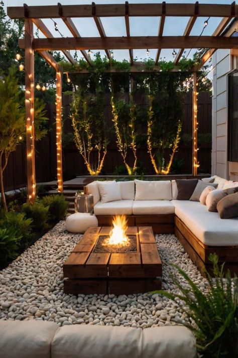 Budget-friendly small backyard with a stylish fire pit setup. Mini Swimming Pool, Rattan Patio Furniture, Mini Pool, Cozy Backyard, Tropical Oasis, Fire Pits, Small House Design, House Designs, Tropical Plants