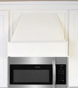 Idea for a non functioning hood above a microwave #rangehood #kitchenremodel #kitchenmakeover #diy Oven Hood Over Microwave, Range Microwave Hood Ideas, Cabinet Over Microwave Ideas, Diy Hood Above Microwave, Faux Hood Over Microwave, Range Hood Over Microwave, Hidden Microwave Above Stove, Microwave Hood Vent Ideas, Range Hood With Microwave