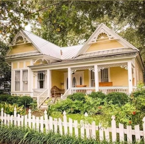 Old Places, Folk Victorian, Fairytale House, Yellow Cottage, Victorian Farmhouse, Yellow House, White Picket Fence, Southern Homes, Yellow Houses