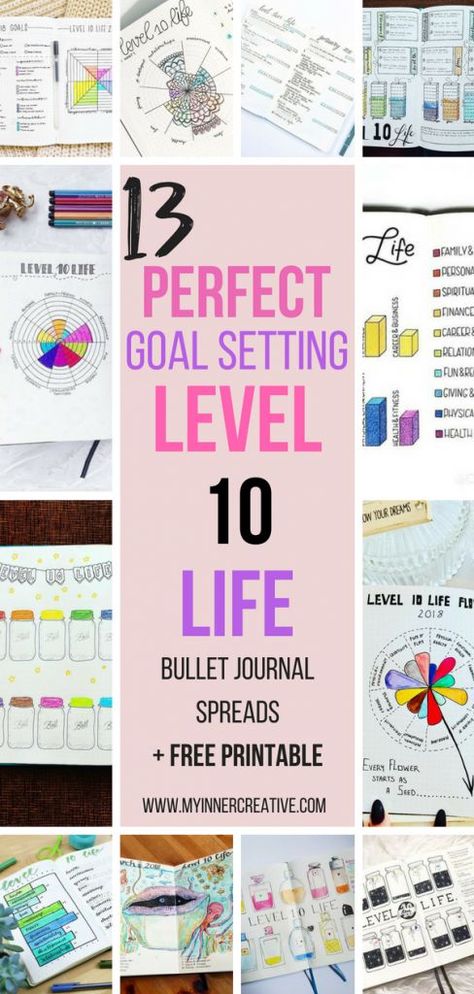 Creating the perfect Level 10 Life Spread - Free Printable and examples! | My Inner Creative #bulletjournal #bujo #bulletjournaling #bujojunkies #bulletjournaljunkies #bulletjournalcommunity #leuchtturm1917 #studygram #showmeyourplanner #bujolove #planner Level 10 Life Bullet Journal, Monthly Intentions, Level 10 Life, Create Goals, How To Bullet Journal, Bullet Journal Page, Paper Quote, Bullet Planner, Planner Obsessed