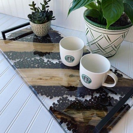 Coffee Bean Crafts, Coffee Epoxy, Epoxy Diy, Coffee Resin, Resin Wood Tray, Resin Projects, Wooden Resin Tray, Coffee Bean Epoxy, Coffee Bean Resin