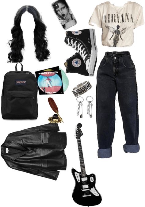 Nirvana Clothes, Black Inspired Outfits, Nirvana Outfit, 80s Inspired Outfits, Ideas For Black Hair, 2000s Clothes, Outfits Retro, High School Outfit, Black Inspiration