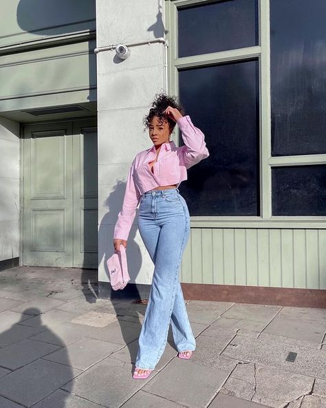 @riah.jem • Instagram photos and videos Black Shirt Light Blue Jeans Outfit, Pink And Blue Jeans Outfit, How To Style Pink Crop Top, Blush Pink Shoes Outfit, Heel With Jeans Outfit, White Top And Blue Jeans Outfit, Petite Black Girls Outfit, Blue Top And Jeans Outfit, Crop White Shirt Outfit