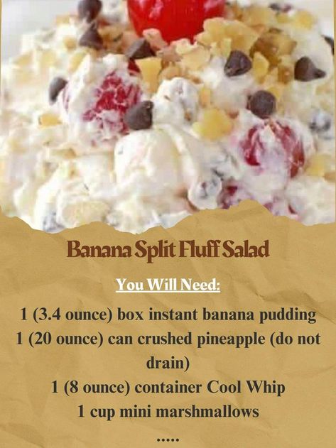 Banana Split Salad Recipe, Banana Split Fluff Salad, Banana Split Fluff, Dessert Salad Recipes, Fluff Salad Recipes, Instant Banana Pudding, Fluff Salad, Fruity Treats, Fluff Recipe