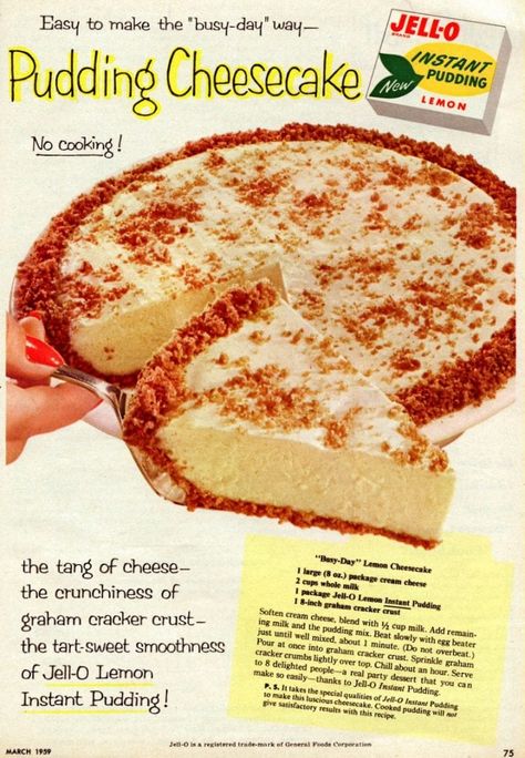 Busy-day lemon cheesecake (1959) #lemoncheesecake #cheesecakepie #lemonpie #quickrecipes #vintagerecipes #retrorecipes #vintagedesserts #desserts #cheesecakerecipes #lemonrecipes #fifties #1950s #clickamericana Cheesecake Pie Recipes, Lemon Cheesecake Recipes, No Bake Lemon Cheesecake, Pudding Cheesecake, Kek Lapis, Easy Cheesecake Recipes, Jell O, Pudding Desserts, Soften Cream Cheese