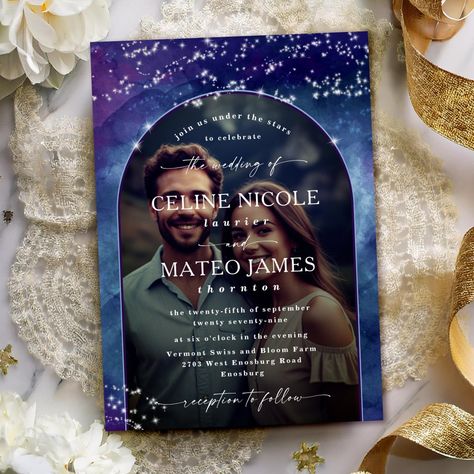 Celine • Celestial Night Sky Arched Photo Wedding Invitation Floral Invitation Design, Star Themed Wedding, Unique Wedding Colors, Weddings Outdoor, Watercolor Sky, Rustic Fall Wedding, Photo Wedding Invitations, Sky Design, Wedding Suite