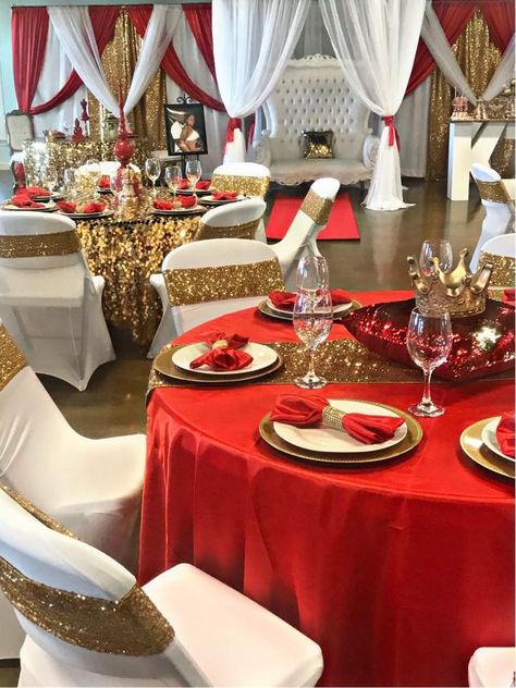 Red White And Gold Anniversary, Red White And Gold Table Setting, Royalty Table Decorations, Red Black And Gold Sweet 16 Decorations, Red White And Gold Quinceanera Ideas, Red And White Sweet 16, Red And Gold Table Decorations, Red White And Gold Party Decorations, Red Theme Quinceanera Ideas