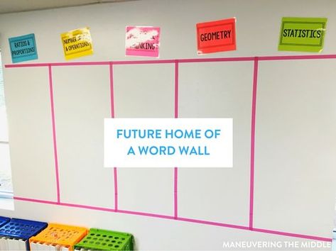 Great ideas and inspiration in this middle school classroom reveal - from decorating to small group areas to hanging posters and anchor charts. | maneuveringthemiddle.com Word Wall Middle School, Word Wall Ideas, Middle School Anchor Charts, School Mindset, Classroom Organization High School, Ap History, Math Word Wall, Learning Intentions, School Floor