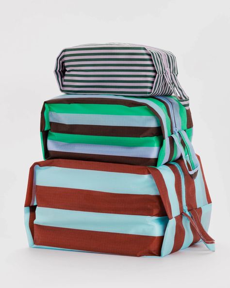 3D Zip Set : Vacation Stripe Mix - Baggu Travel Bag Set, Scrap Material, Reusable Shopping Bags, Reusable Bags, Knitted Bags, Bag Set, Zipper Pouch, Travel Bags, The Go