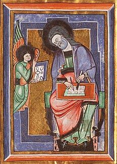 The Evangelist St. Matthew with his symbol the angel, 1150 - 1200. National Library of the Netherlands, Public Domain Vila Medieval, Writers Conference, San Gregorio, Beautiful Calligraphy, St Albans, Writers Block, Medieval Art, 12th Century, Illuminated Manuscript