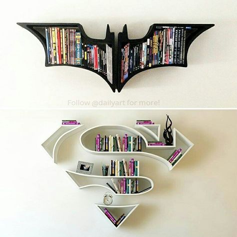 Batman and Superman's Bookshelf Batman Bookshelf, Diy Lego Wall, Batman Room, Unique Bookshelves, Creative Bookshelves, Cool Bookshelves, Bookshelf Design, Bookshelves Kids, Creative Furniture