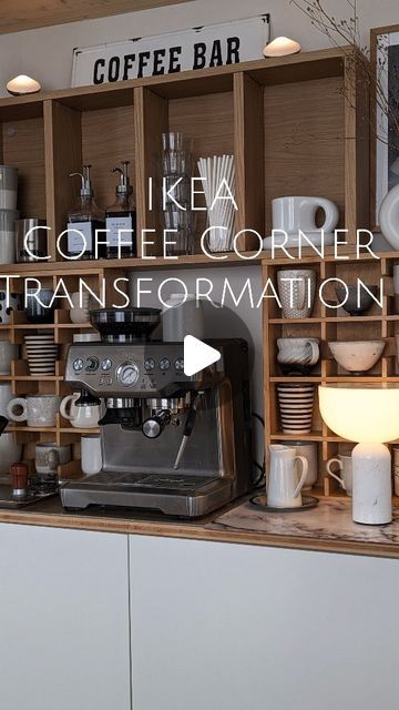 Upcycle Corner Shelf, Ikea Coffee Station Hack, Coffee Station Ikea, Ikea Coffee Corner, Ikea Coffee Station, Ikea Kitchen Shelves, Cofee Bar, Ikea Must Haves, Diy Coffee Station