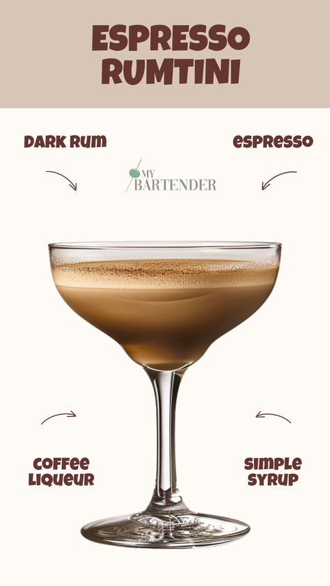 Espresso Rumtini Rum Martini Recipes, Rum Espresso Martini, Espresso Rumtini, Martini Variations, Coffee Mixology, Espresso Cocktails, Dark Rum Cocktails, Rum Cocktails Easy, Cocktails Made With Rum