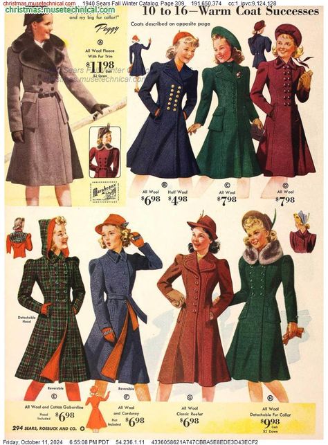 1950s Winter Fashion, 1940s Winter Fashion, 1938 Fashion, Retro Looks, Ski Coat, Christmas Catalogs, 1940s Fashion, 50s Fashion, Christmas Fashion