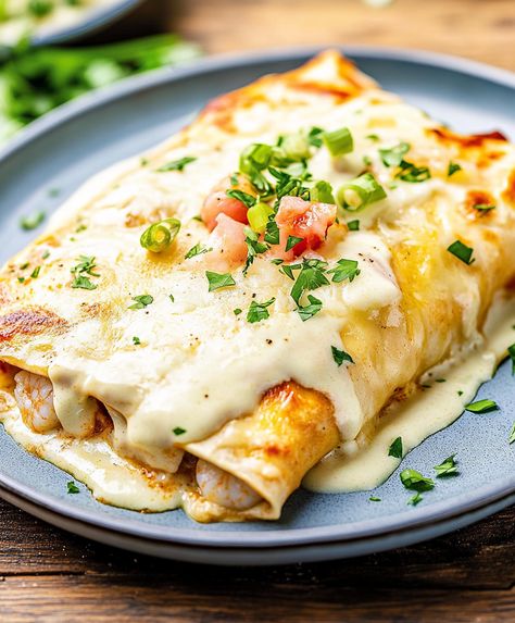 Creamy Shrimp Enchiladas Recipe Chicken And Shrimp Enchiladas, Shrimp Enchiladas With White Sauce, Creamy Shrimp Enchiladas, Shrimp Enchiladas Recipes, Seafood Enchiladas Recipe, White Sauce Enchiladas, Seafood Enchiladas, Enchiladas Recipes, Shrimp Enchiladas