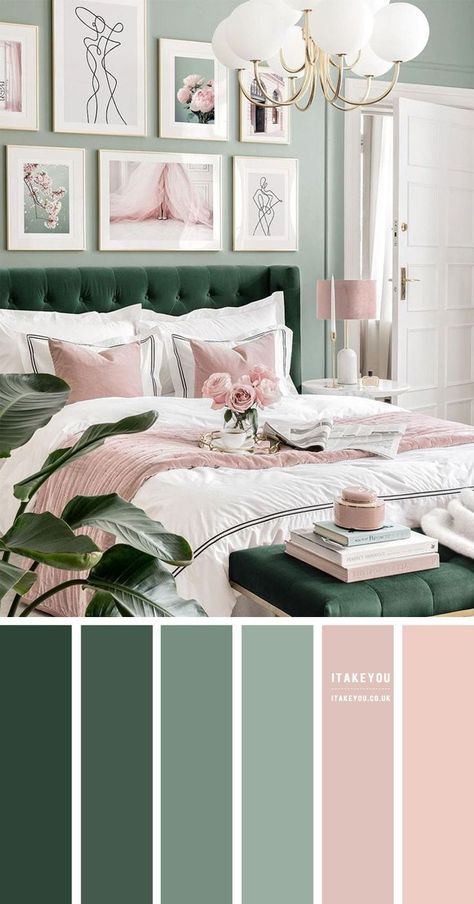 Bedroom Pink Accents, Girly Bedroom Ideas For Women, Green And Purple Bedroom, Green And Pink Bedroom, Bedroom Ideas Green, Grey Colour Scheme Bedroom, Girls Bedroom Green, Grey Bedroom Colors, Young Adult Bedroom