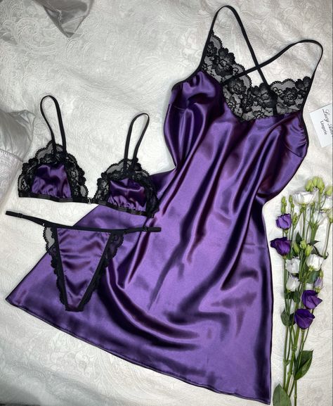 Purple Lingerie Outfit Night, Pajamas Aesthetic, Purple Pajamas, Dresses For The Races, Purple Lingerie, Pajama Outfits, Bra Pattern, Seductive Clothes, Lingerie Sets