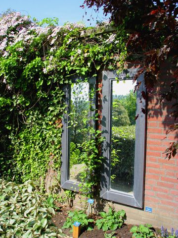 Garden Mirror on Brick Wall. Love this in the garden.                                                                                                                                                                                 More Garden Mirrors, Outdoor Mirror, Patio Interior, Patio And Garden, Pergola Patio, Gorgeous Gardens, Courtyard Garden, Garden Structures, Small Gardens